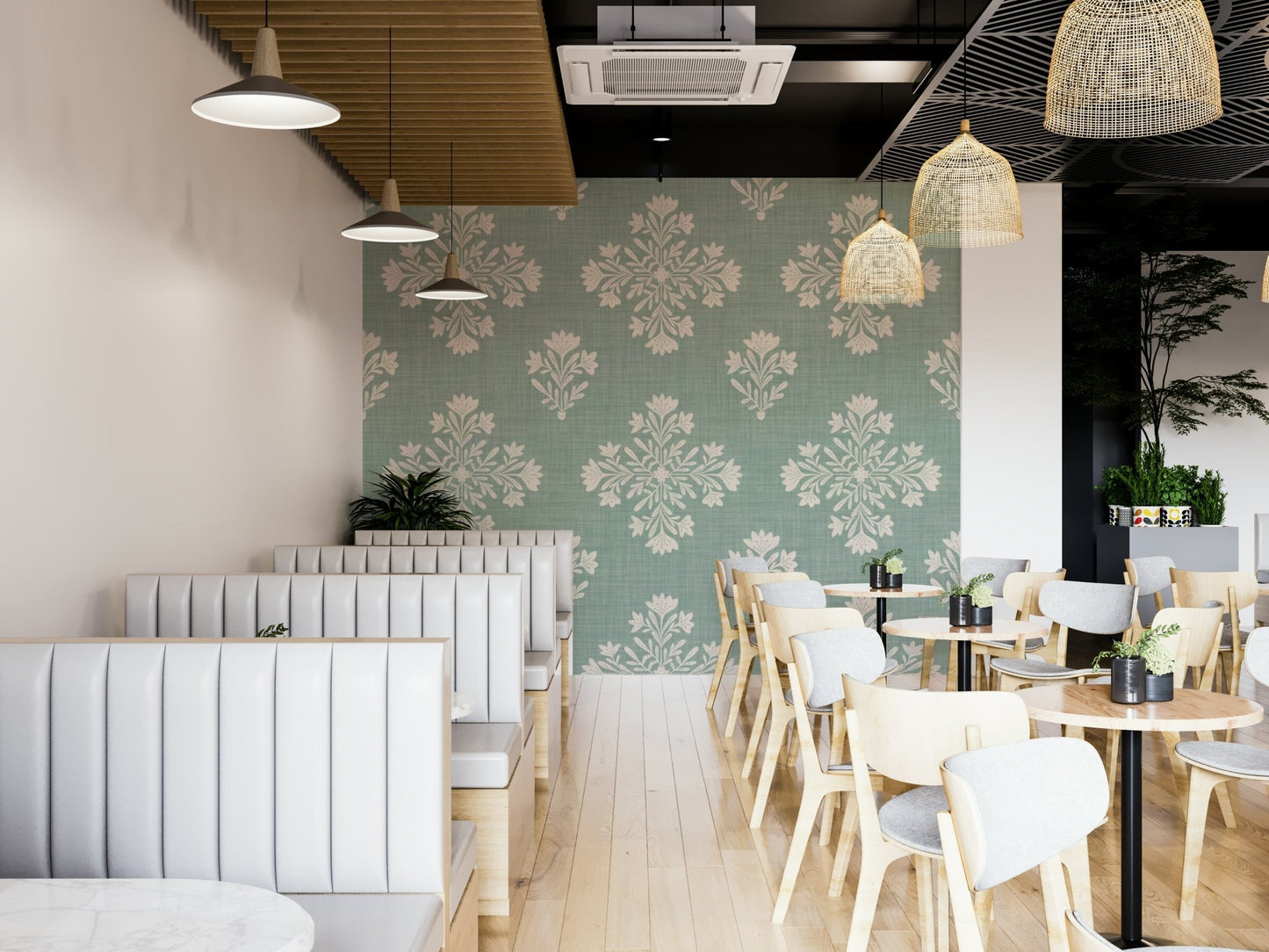 Wallcovering featuring sage and cream tones

