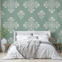 Bedroom decorated with botanical wallpaper

