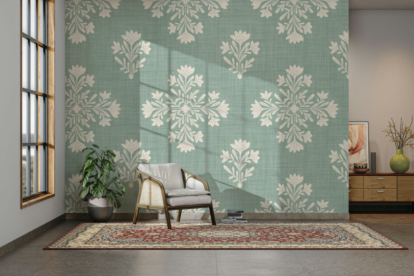 Living room accent with soft green wallpaper

