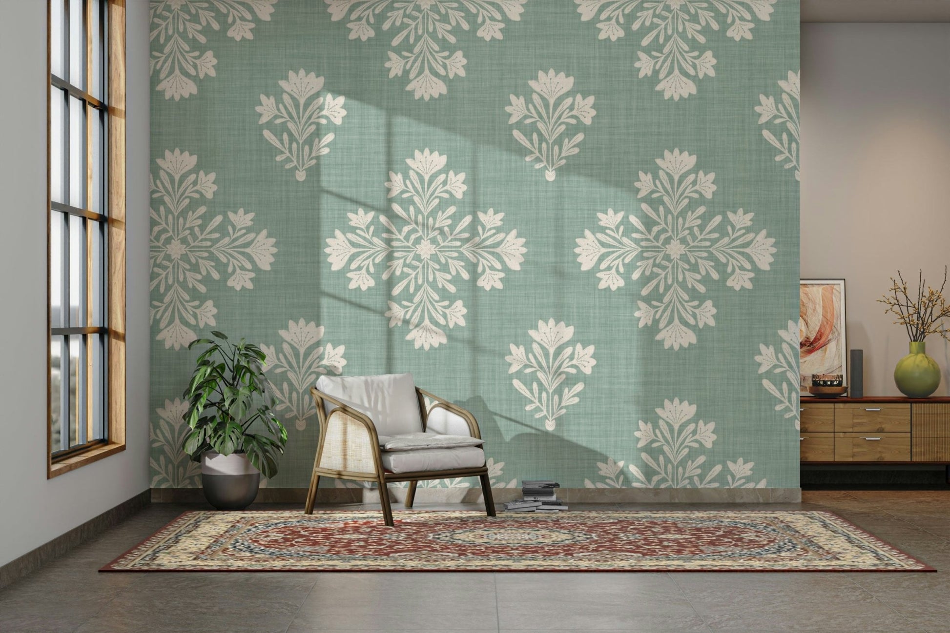 Living room accent with soft green wallpaper

