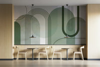 Close-up of sage green arch shapes mural


