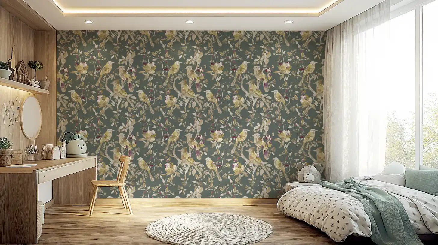 Muted sage tones bring Sage Green Botanical Bird Wallpaper calm depth