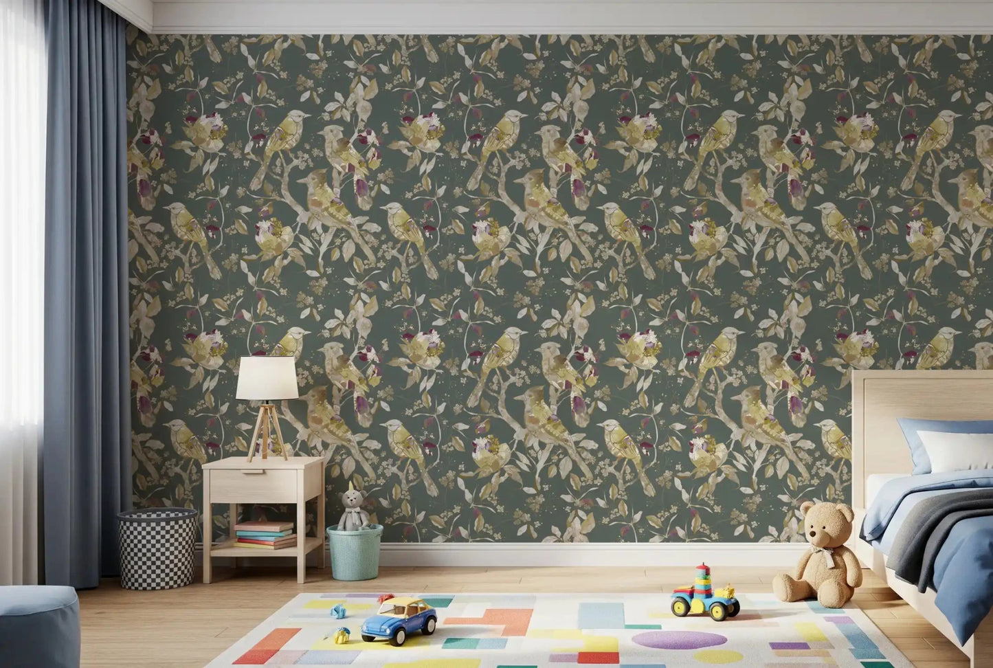 Subtle plum accents enrich Sage Green Botanical Bird Wallpaper softly