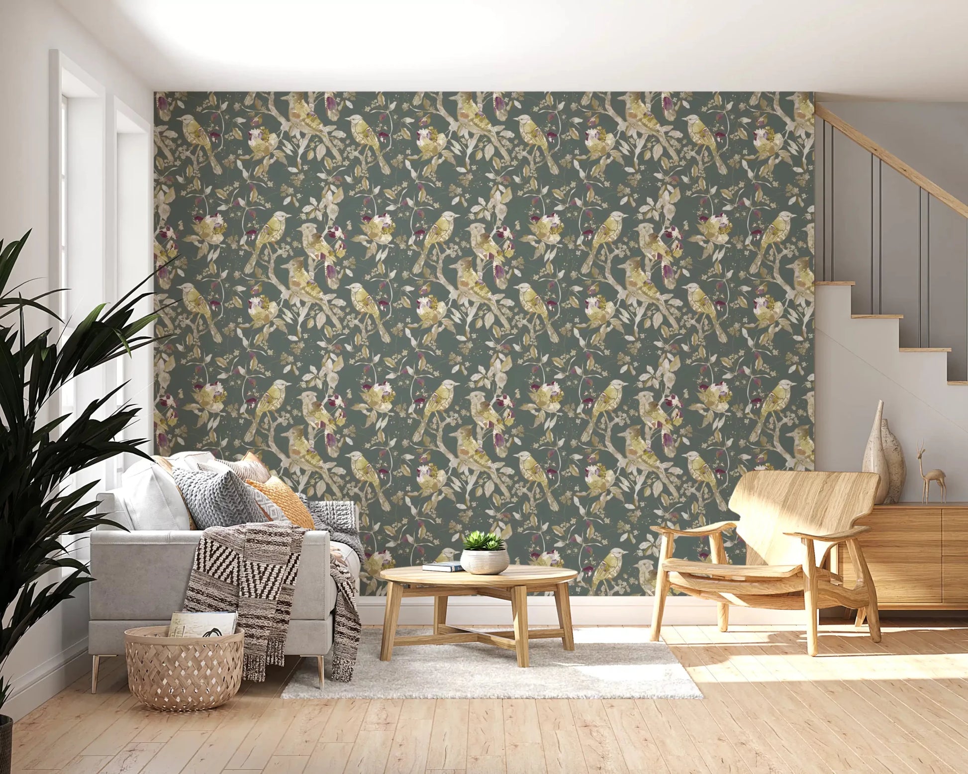 Modern hallway wall with Sage Green Botanical Bird Wallpaper in muted tones