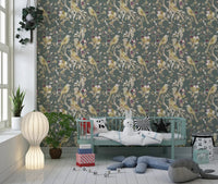 Delicate branchwork shapes Sage Green Botanical Bird Wallpaper with grace