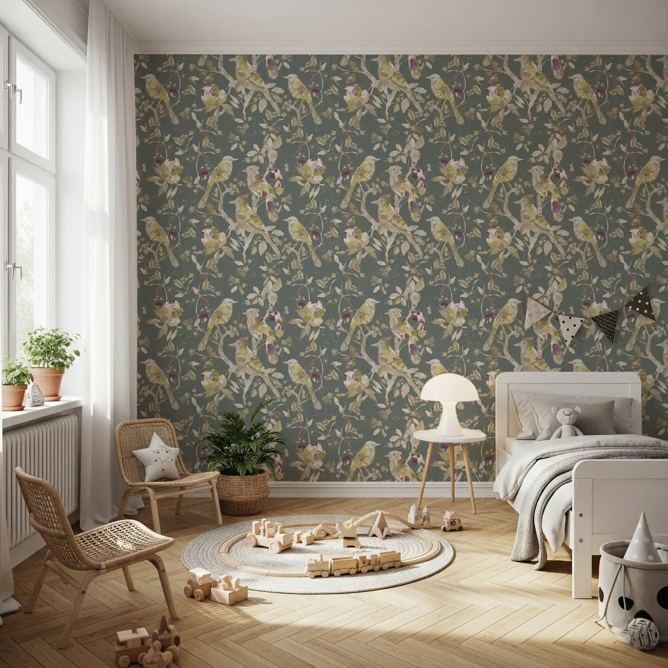 Elegant Kids room with Sage Green Botanical Bird Wallpaper and floral stems