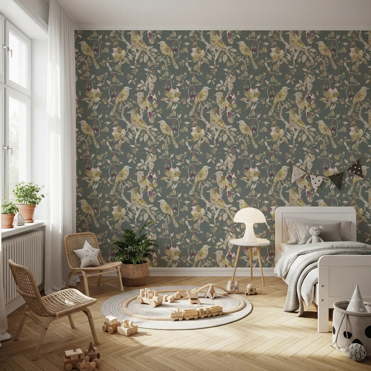 Elegant Kids room with Sage Green Botanical Bird Wallpaper and floral stems