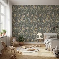 Elegant Kids room with Sage Green Botanical Bird Wallpaper and floral stems