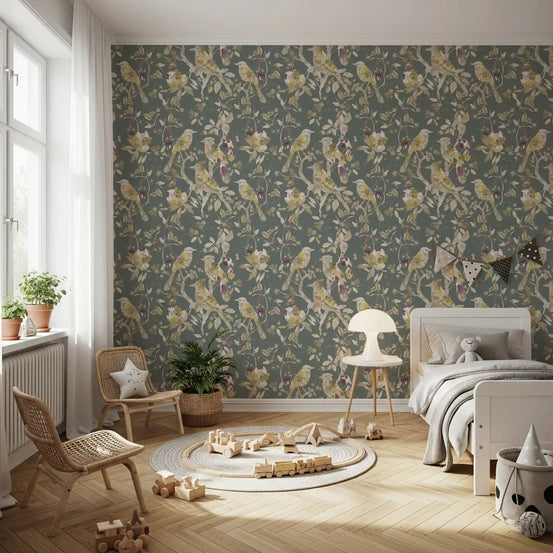 Elegant Kids room with Sage Green Botanical Bird Wallpaper and floral stems, GD9471