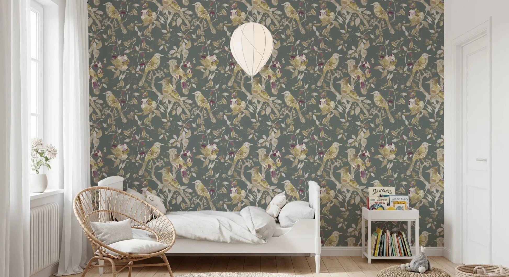 Vintage nature styling marks Sage Green Botanical Bird Wallpaper clearly