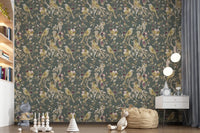 Fine floral sprays give Sage Green Botanical Bird Wallpaper airy movement