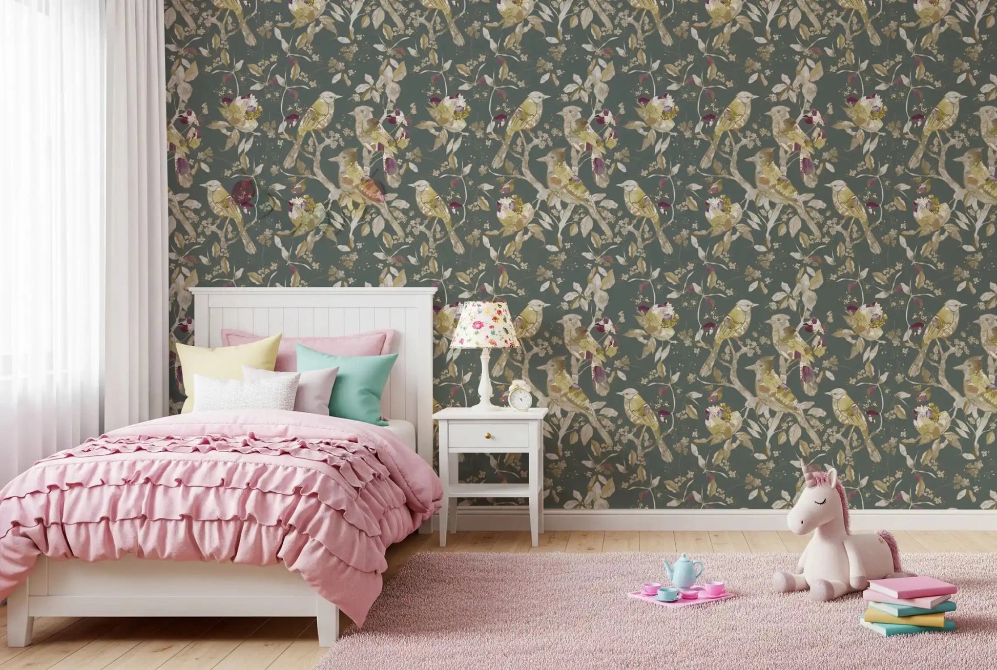 Peaceful bedroom styled in Sage Green Botanical Bird Wallpaper with birds