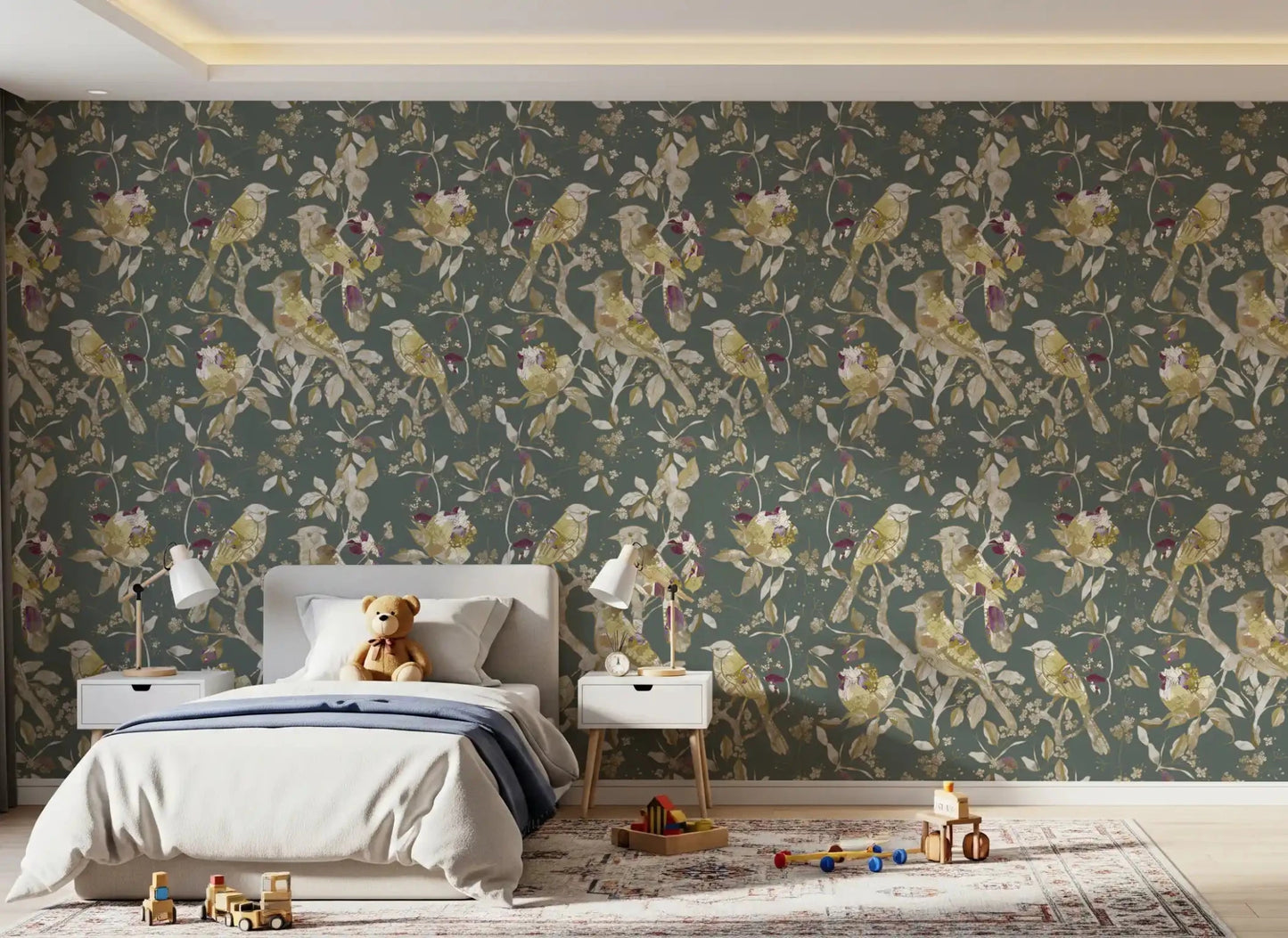 Cream bird motifs define Sage Green Botanical Bird Wallpaper beautifully
