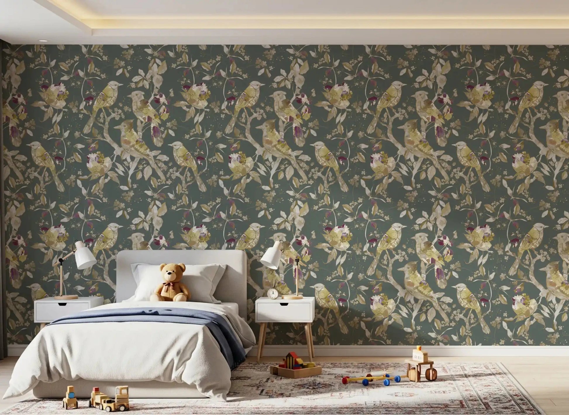Cream bird motifs define Sage Green Botanical Bird Wallpaper beautifully