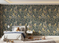 Cream bird motifs define Sage Green Botanical Bird Wallpaper beautifully