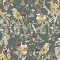 Soft blossoms and leaves fill Sage Green Botanical Bird Wallpaper evenly