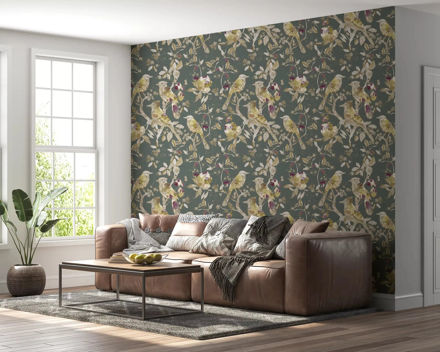 Bright hallway featuring Sage Green Botanical Bird Wallpaper and blossoms