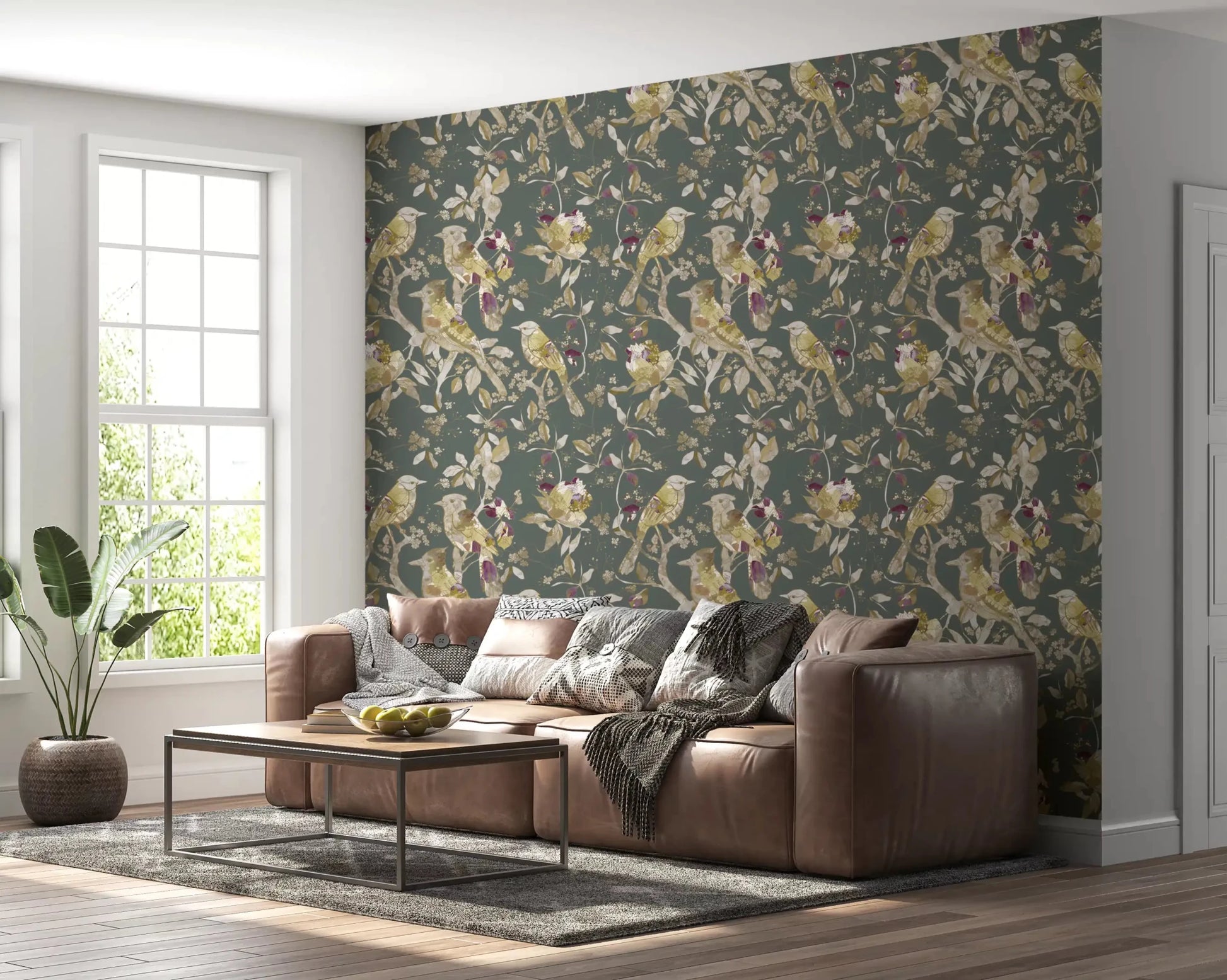 Bright hallway featuring Sage Green Botanical Bird Wallpaper and blossoms