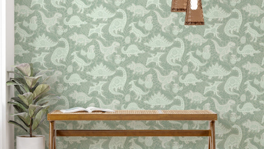 Sage Green Dinosaurs Folk Art   Wallpaper⁠