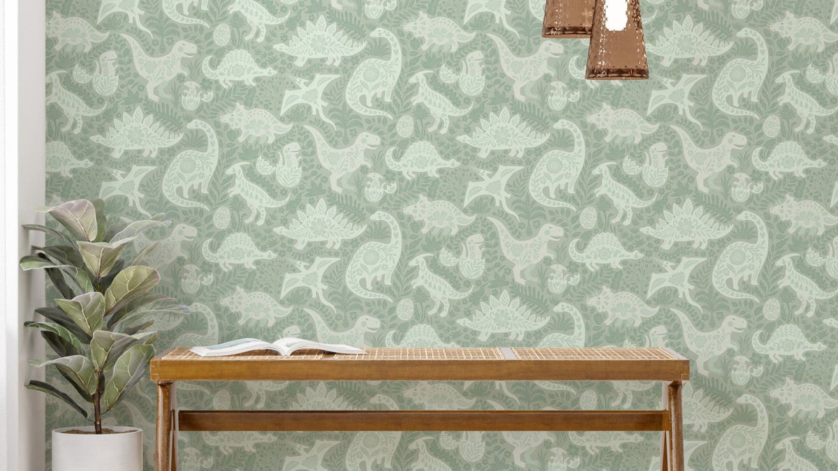 Sage Green Dinosaurs Folk Art Wallpaper⁠ GD476