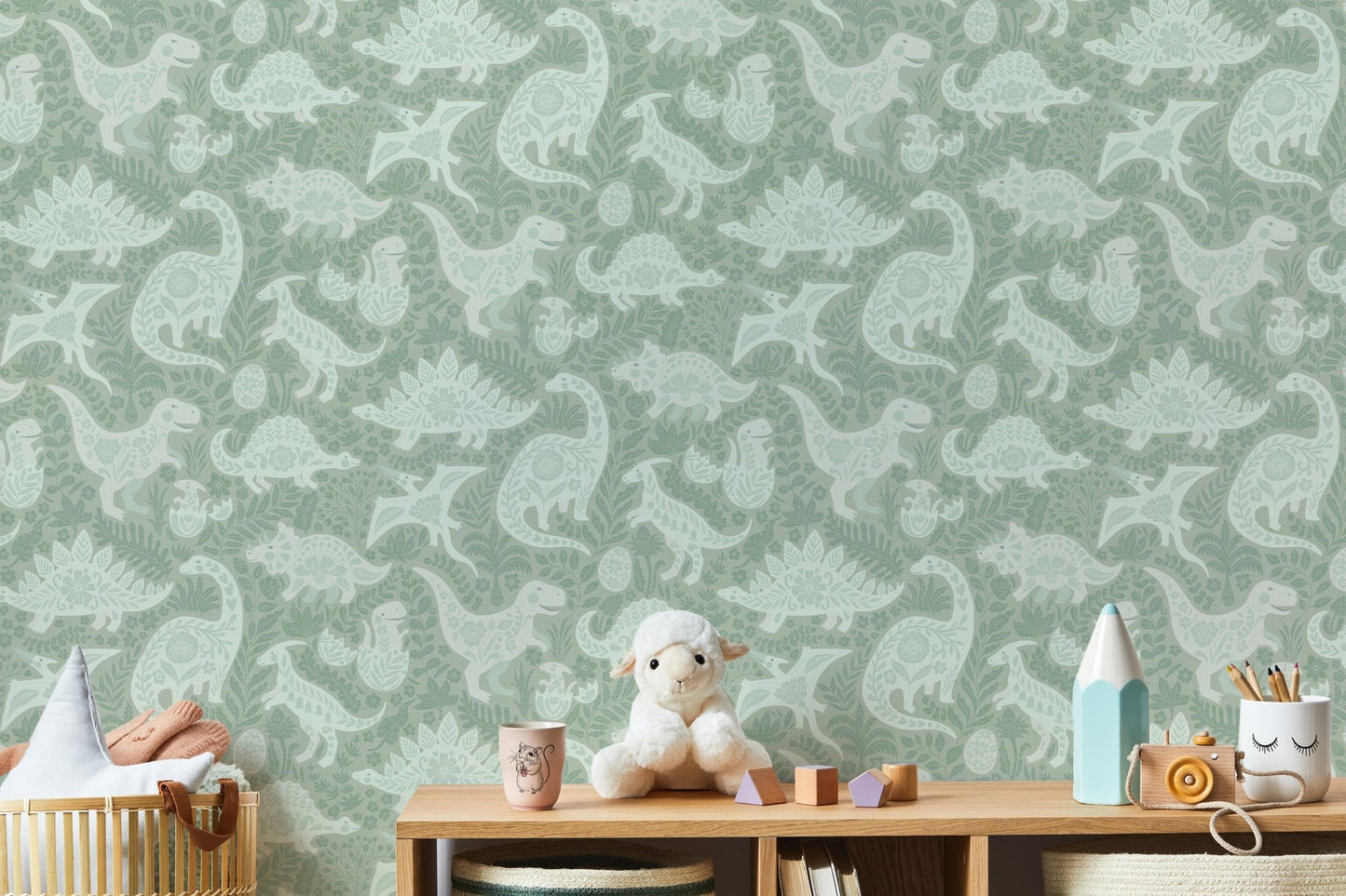 Sage Green Dinosaurs Folk Art   Wallpaper⁠