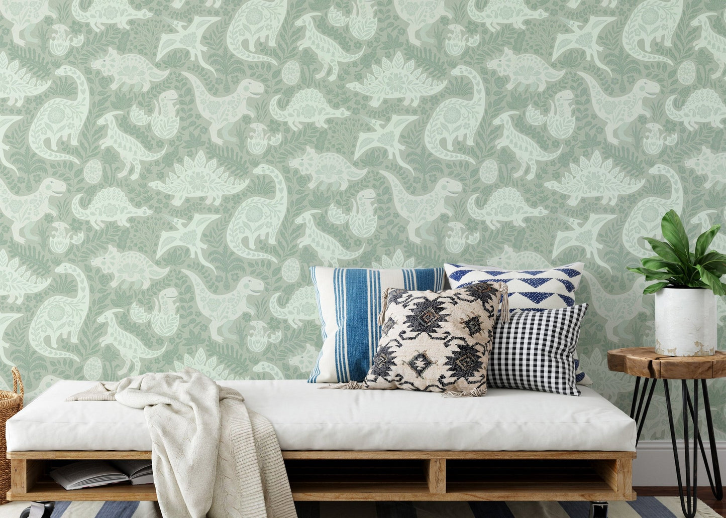 Sage Green Dinosaurs Folk Art   Wallpaper⁠
