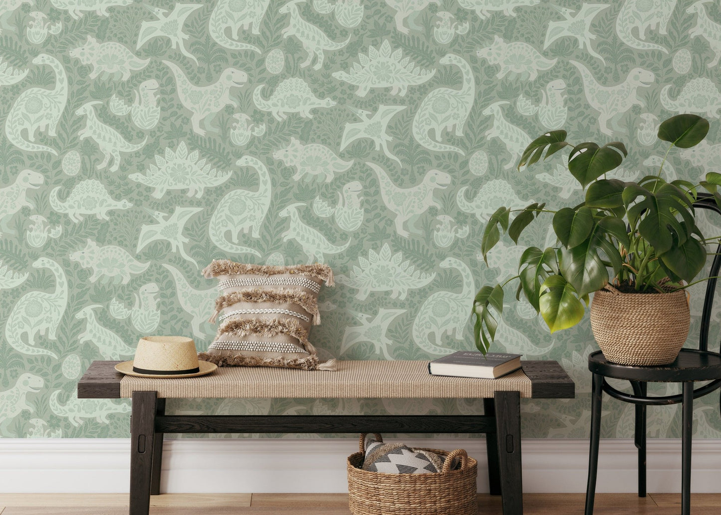 Sage Green Dinosaurs Folk Art   Wallpaper⁠