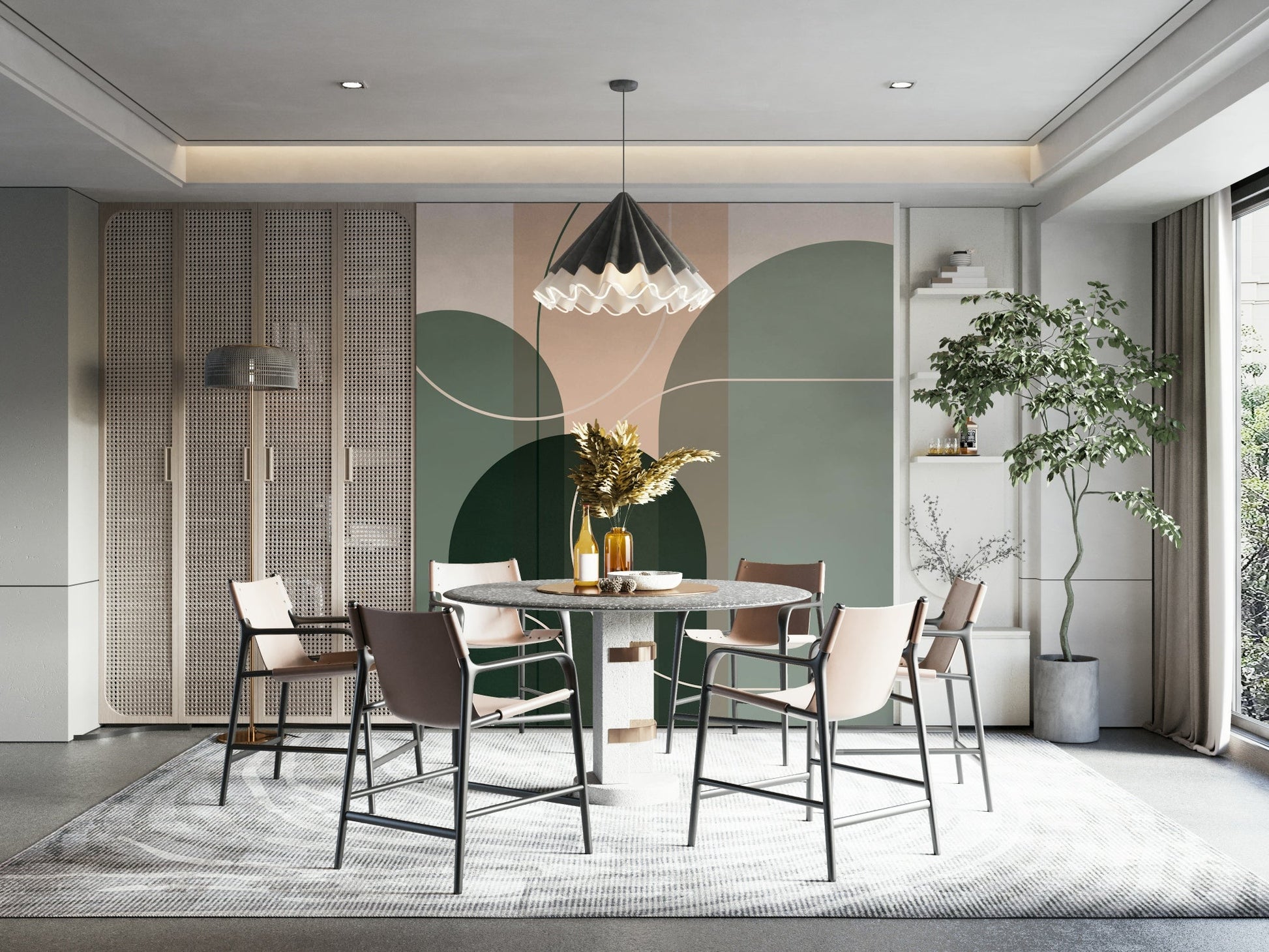 Natural abstract sage green flow mural