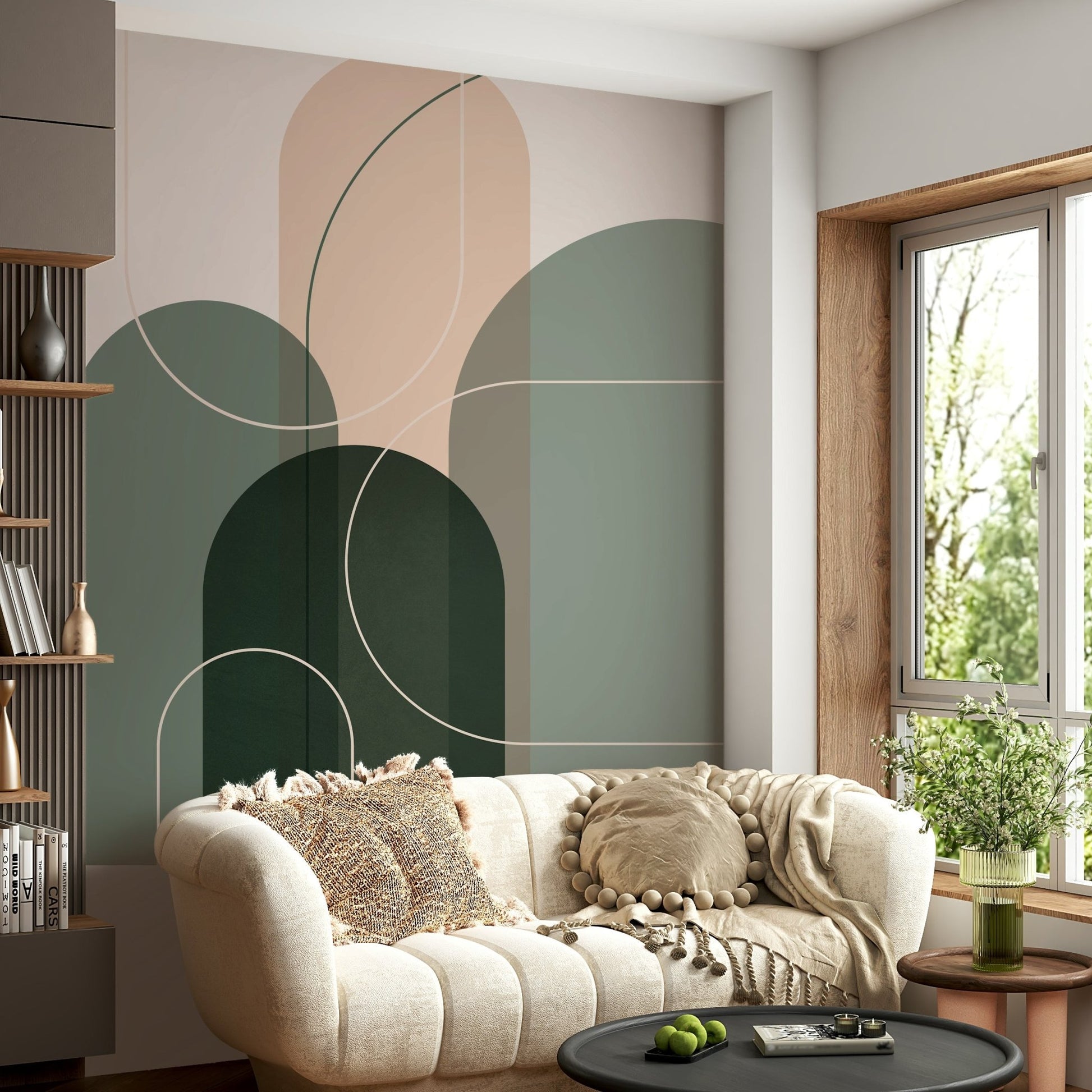Subtle sage green wall mural for peaceful spaces