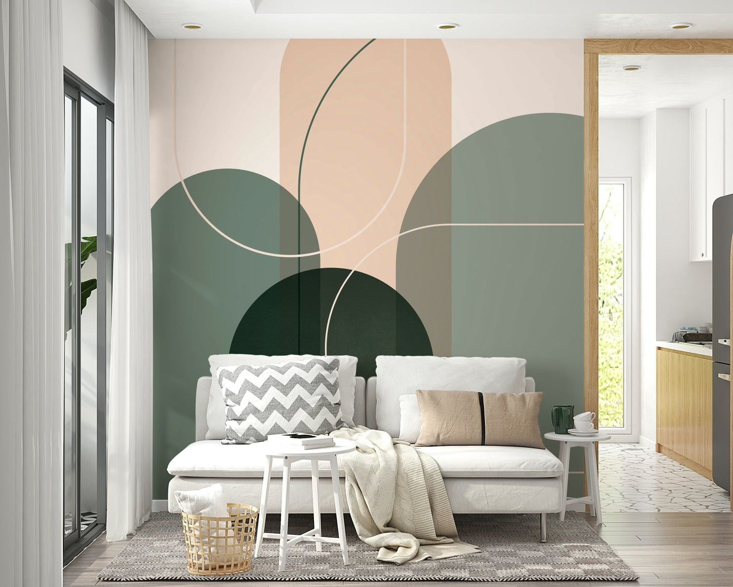 Serene sage green flow mural for calming interiors