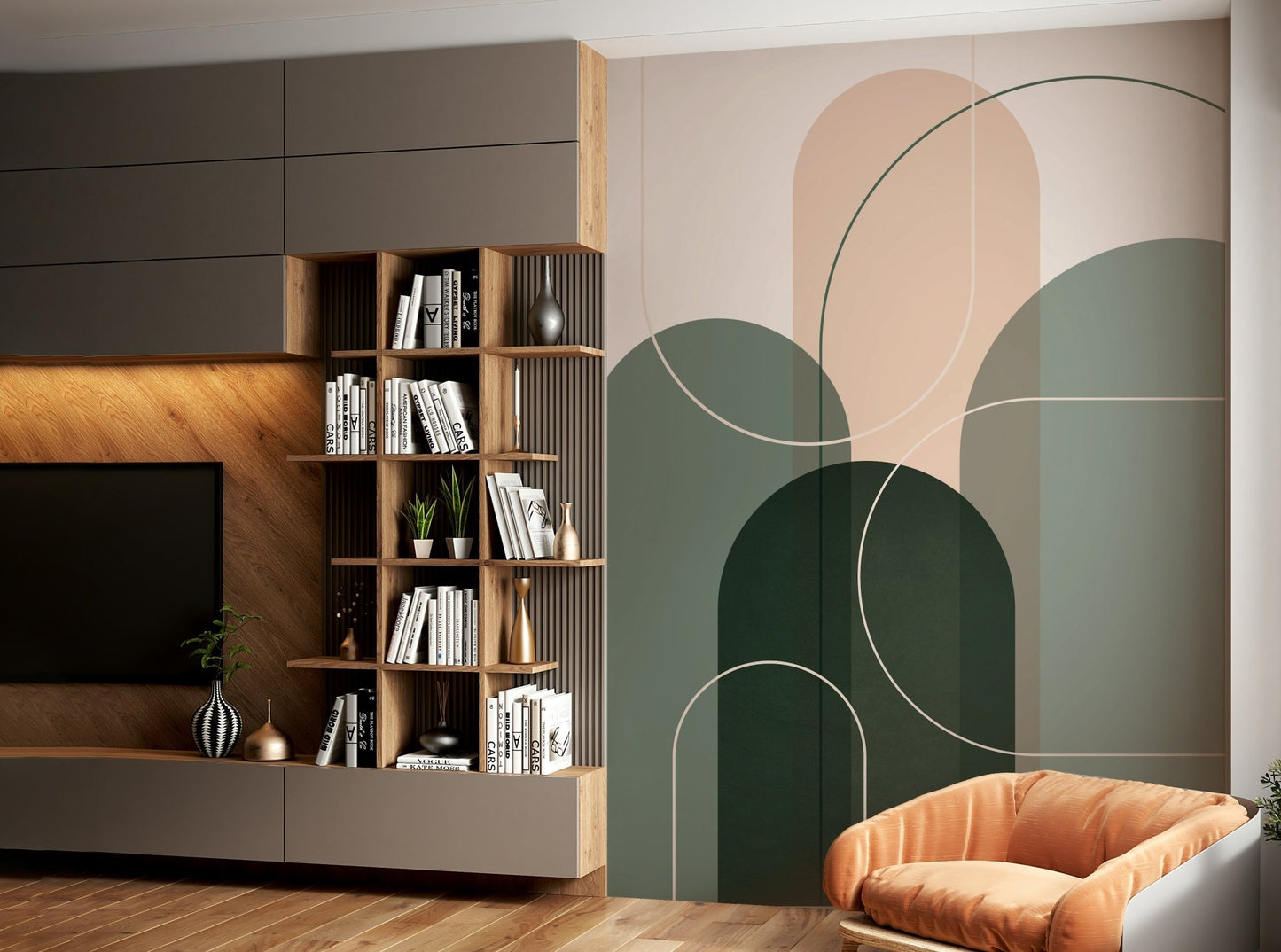 Flowing sage green design wall mural for rooms