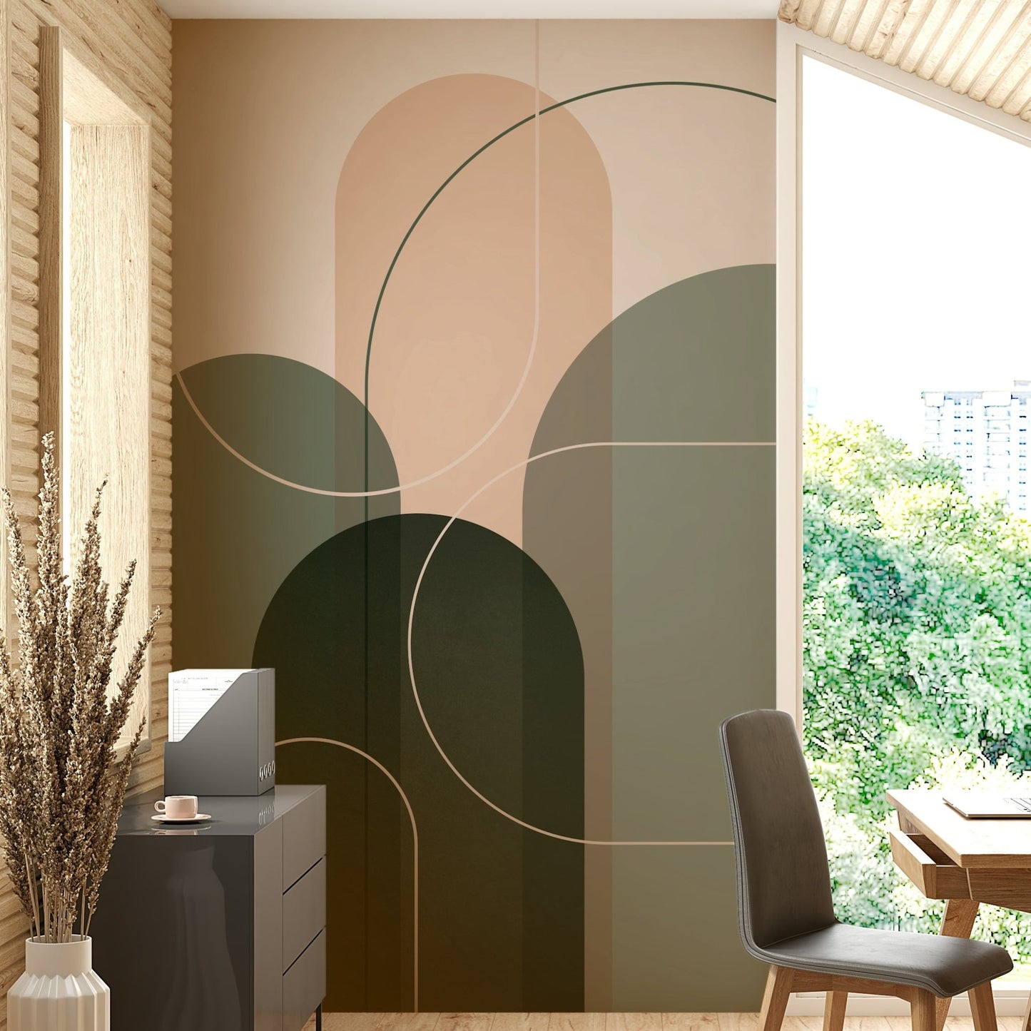 Sage green abstract mural with a soft flow