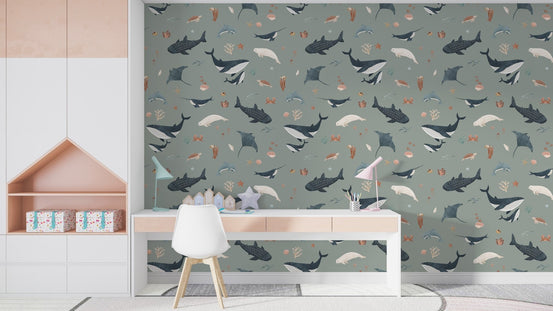 Sage green ocean marine wallpaper design KB114
