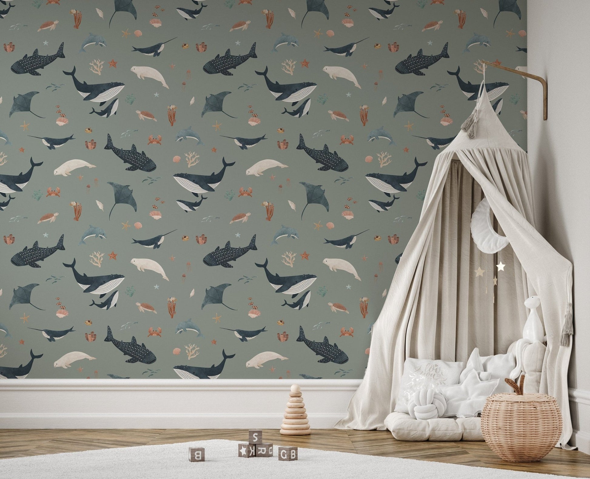 Whale and shark wallpaper for kids' room
