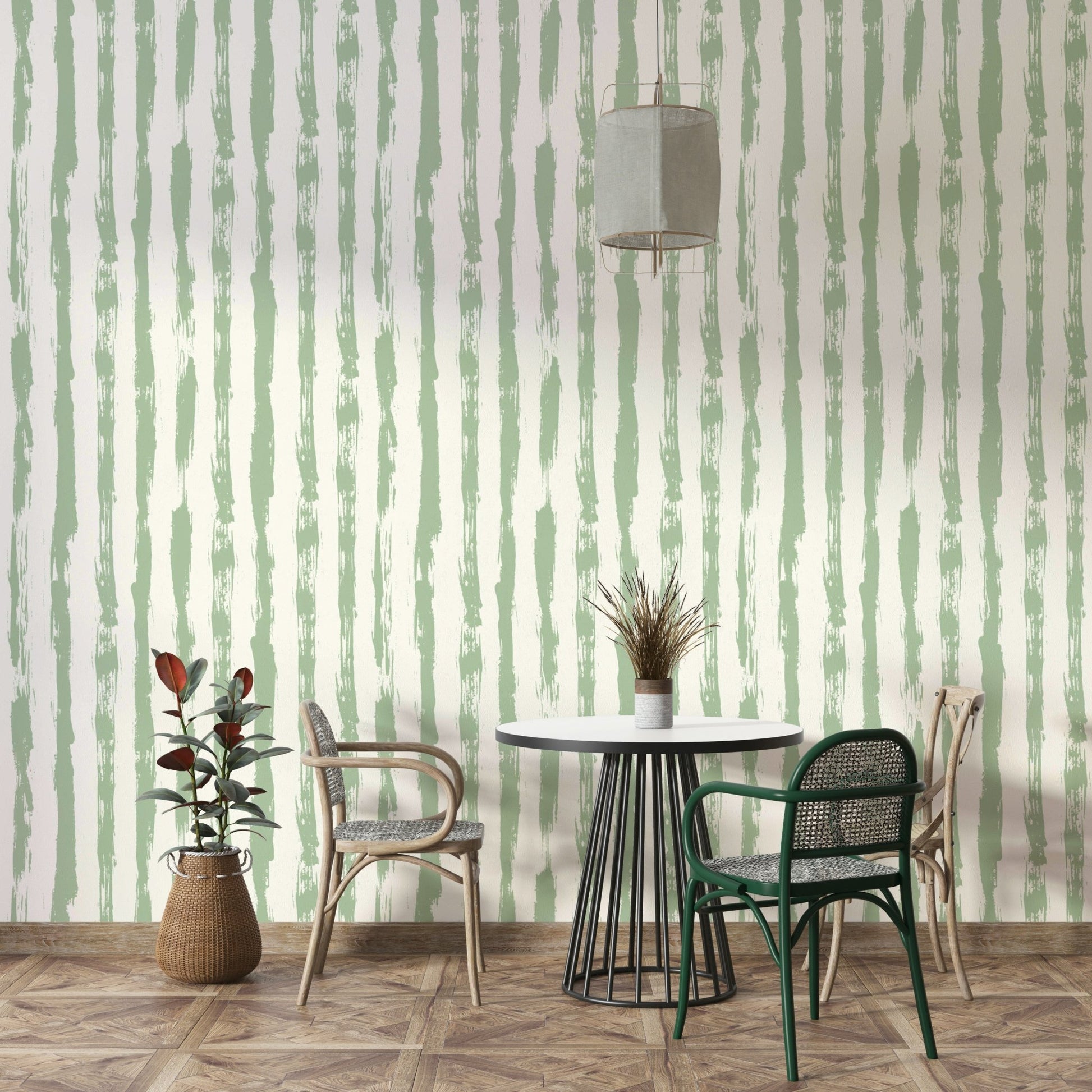 A seamless pattern of sage green stripes on a wall

