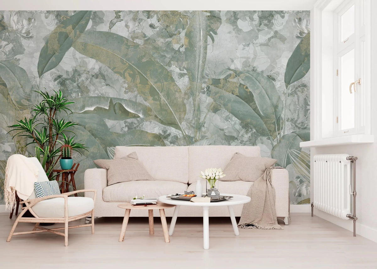 Sage Green Tropical Botanical Wall Mural - Leafy Nature Scene