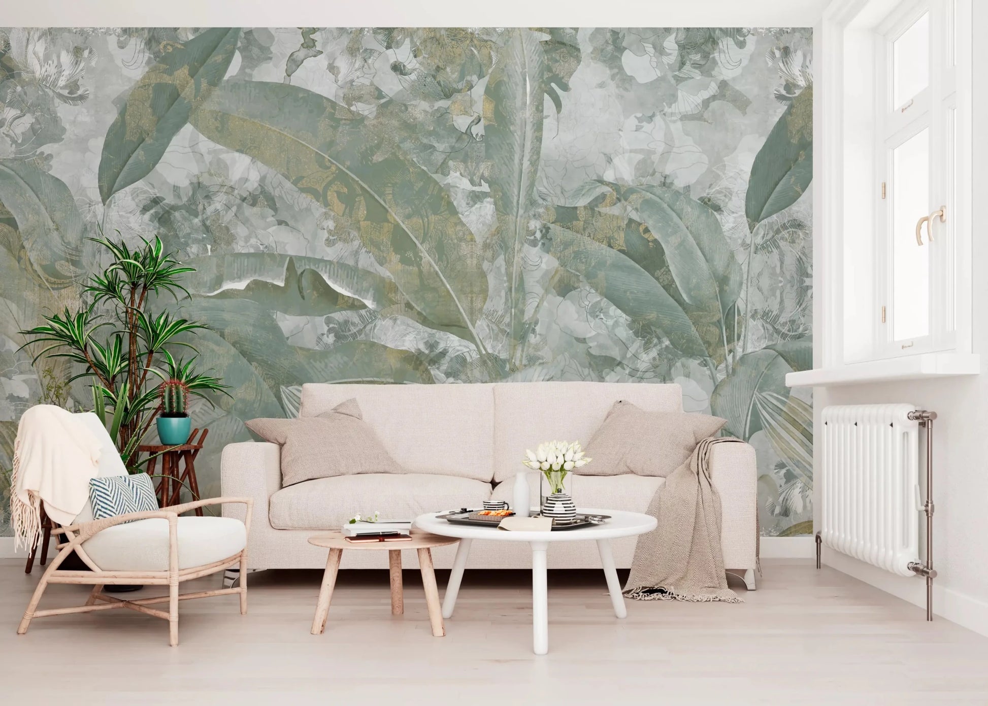 Layered sage leaves create a calm Sage Green Tropical Botanical wall mural