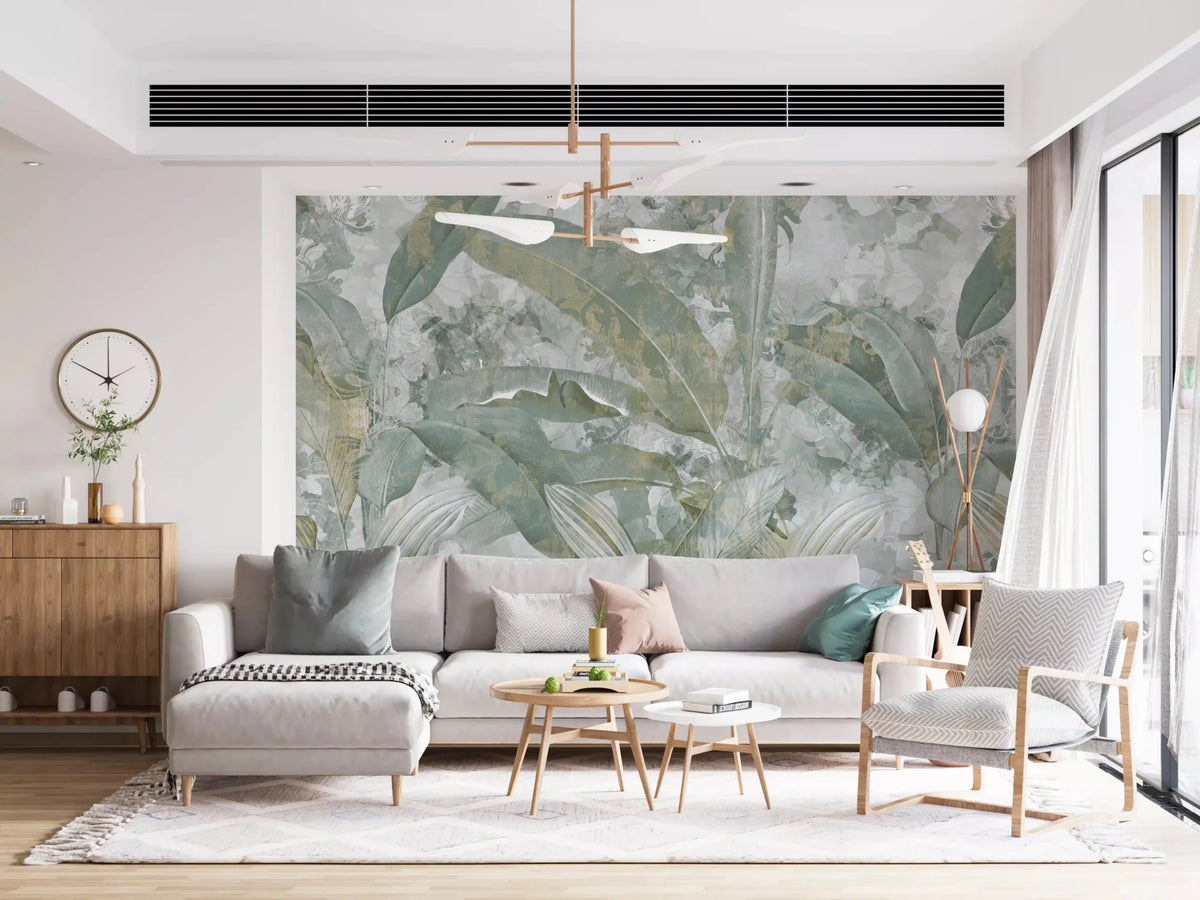 Sage Green Tropical Botanical Wall Mural - Leafy Nature Scene