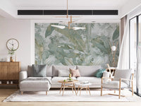 A soft neutral base supports this Sage Green Tropical Botanical wall mural