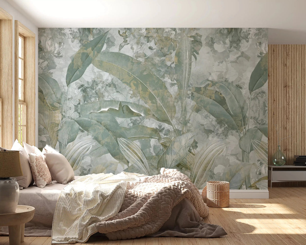 Sage Green Tropical Botanical Wall Mural - Leafy Nature Scene