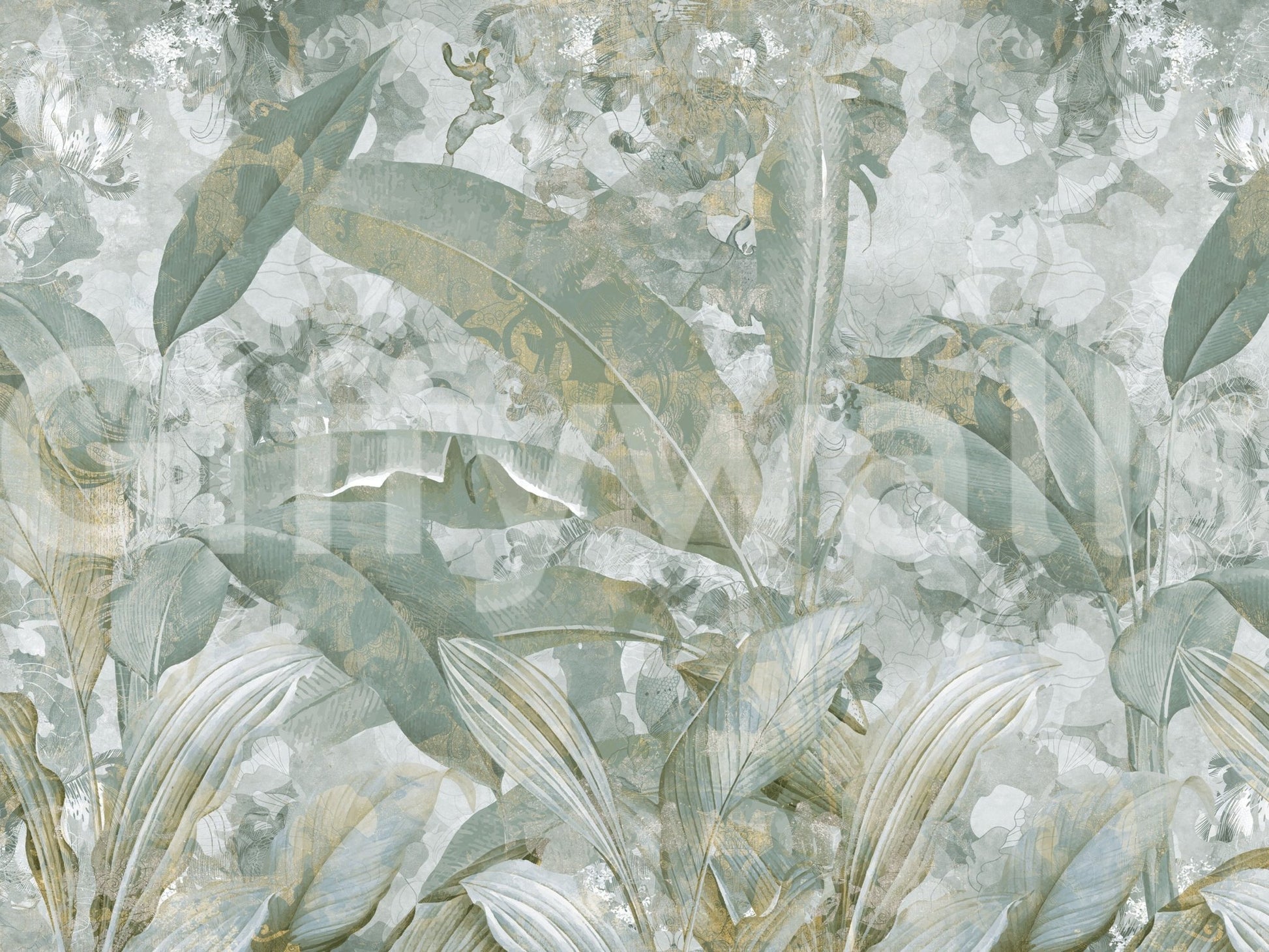 Tropical leaf detail appears in Sage Green Tropical Botanical wall mural design