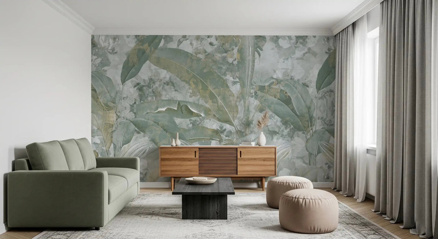 Pale botanical textures define Sage Green Tropical Botanical wall mural softly