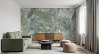 Pale botanical textures define Sage Green Tropical Botanical wall mural softly