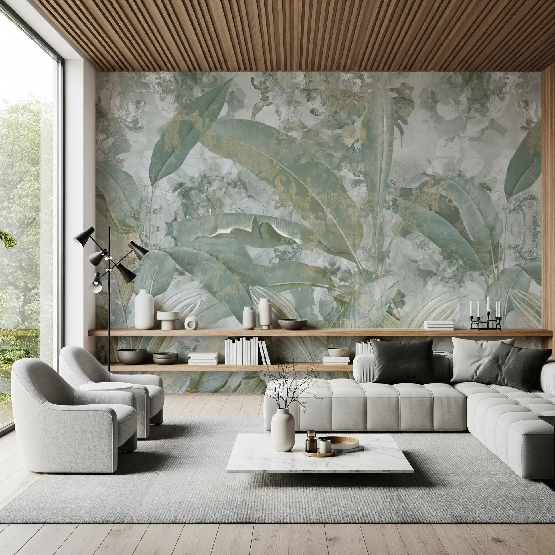 Living room styled with Sage Green Tropical Botanical wall mural and soft leaf layers