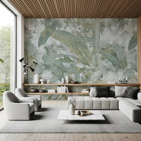 Living room styled with Sage Green Tropical Botanical wall mural and soft leaf layers