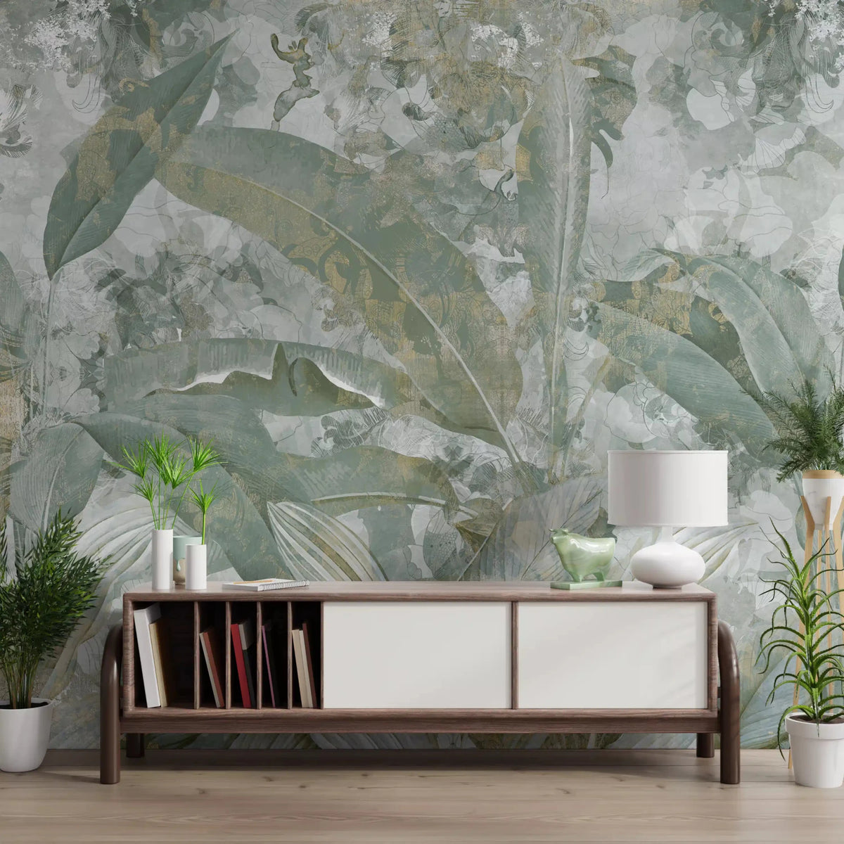 Sage Green Tropical Botanical Wall Mural - Leafy Nature Scene