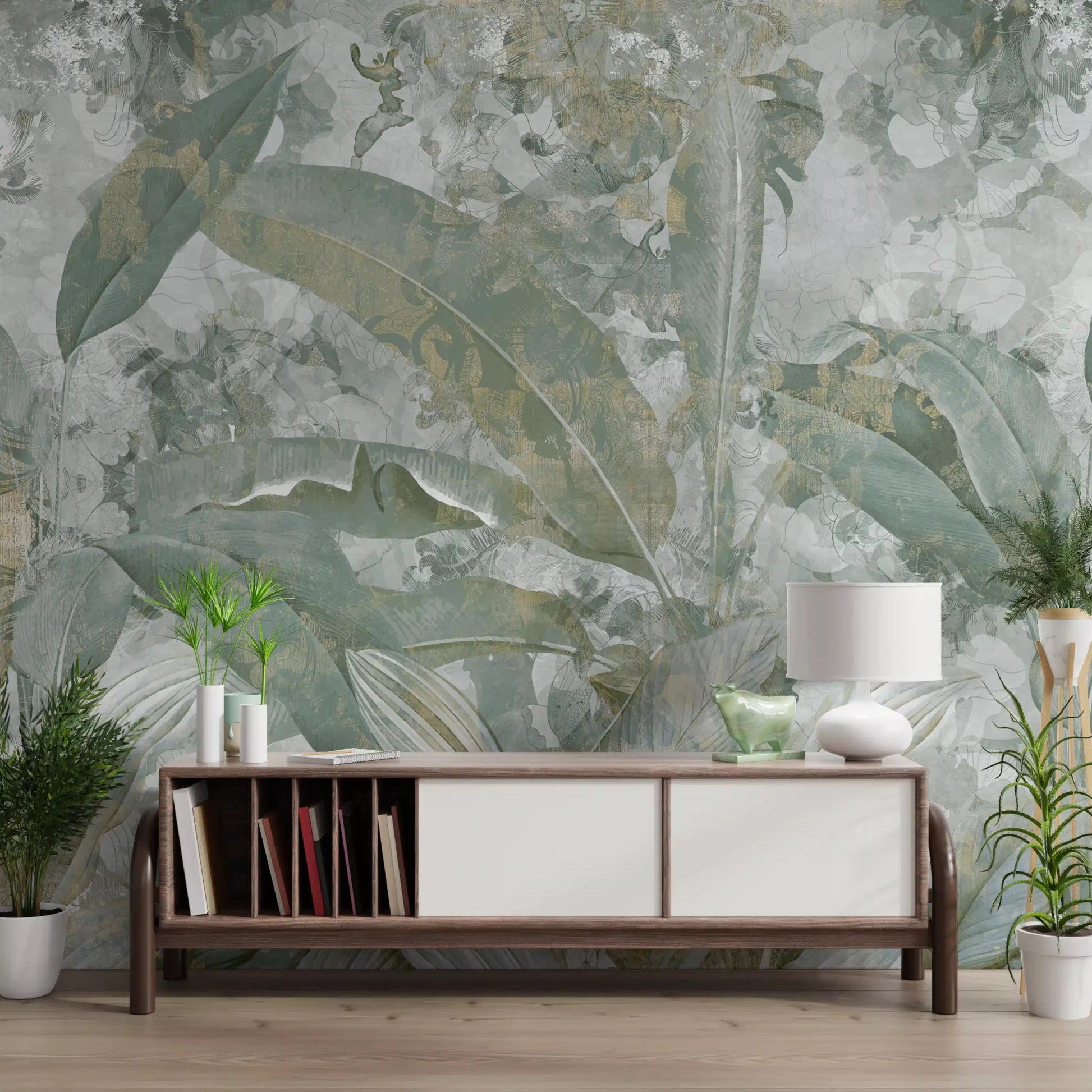 Gentle tropical foliage shapes the Sage Green Tropical Botanical mural surface