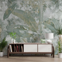 Gentle tropical foliage shapes the Sage Green Tropical Botanical mural surface