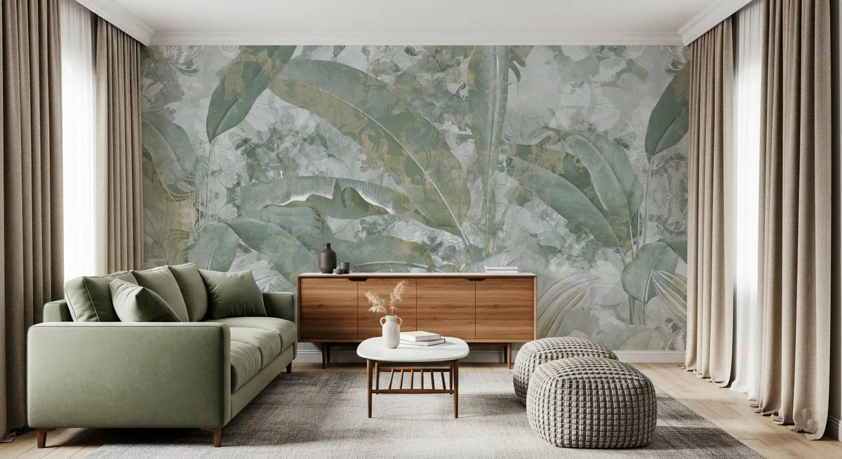 Sage Green Tropical Botanical Wall Mural - Leafy Nature Scene