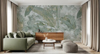 Hallway backdrop with Sage Green Tropical Botanical mural and airy leaf detail